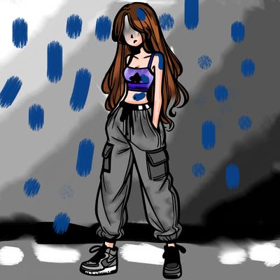 girl in baggy pants crop top and long hair