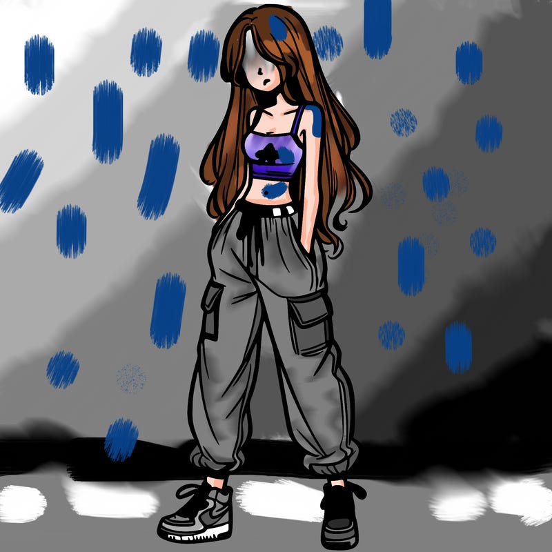 girl in baggy pants crop top and long hair