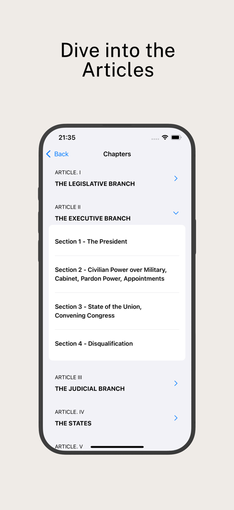 Mobile app interface showing a list of US Constitution articles and sections for easy navigation