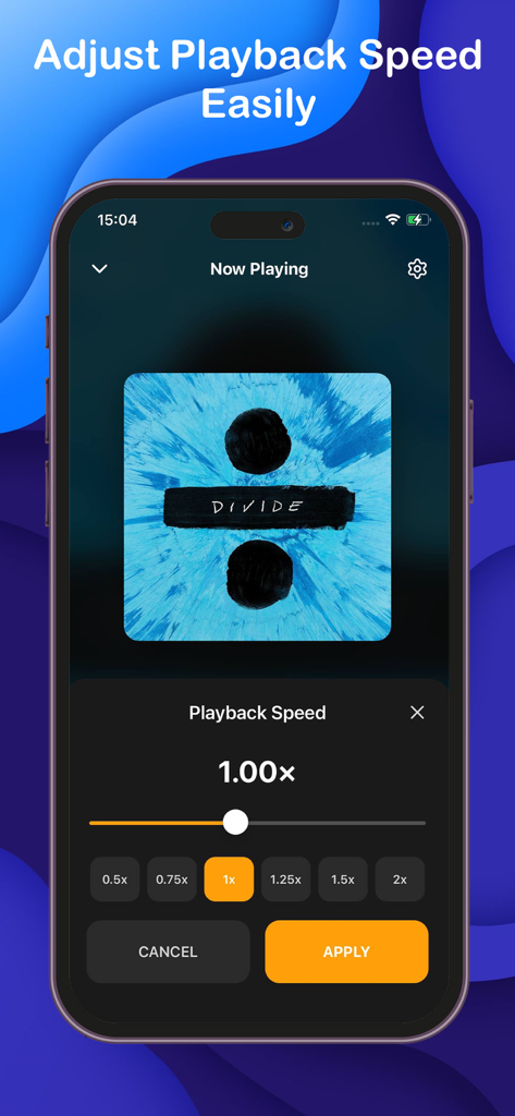 Offline Music Player: Sonix - Interfaz que muestra cómo ajustar la velocidad de reproducción en la aplicación de música Sonix