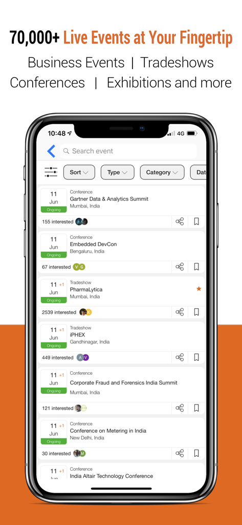 10times - Find Event & Network - Interface of 10times app displaying a list of live business events conferences and trade shows with filtering options