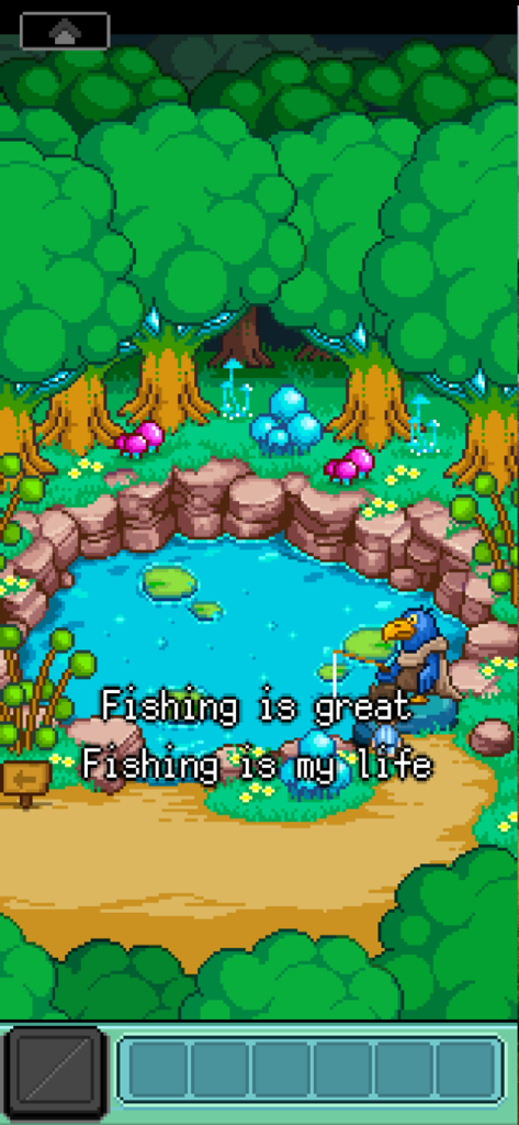 Pixel art character with a bird head fishing in a forest pond from Bluebird of Happiness.