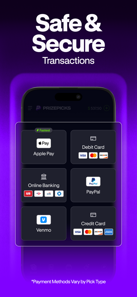 PrizePicks app screen showing secure payment methods including Apple Pay, PayPal, Venmo, and major credit cards.