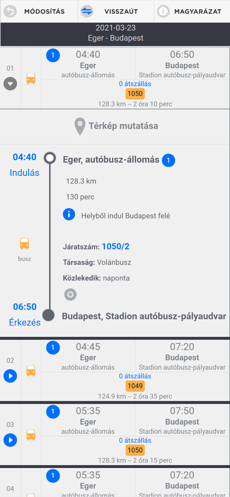 iMenetrendek - Screenshot of iMenetrendek app showing detailed bus schedule from Eger to Budapest