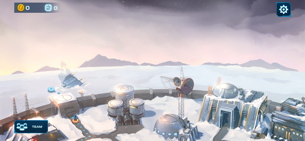 Spacelandゲームの雪の惑星にある未来的な基地の手描きマップ