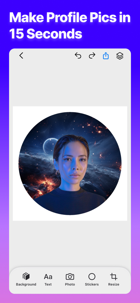 PhotoBox - AI Photo Editor - Interface of PhotoBox app showing a woman portrait with a galaxy background for a profile picture