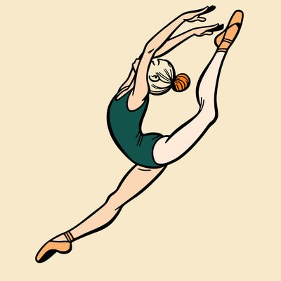 gymnast doing a leap in a leotard with a bent back leg