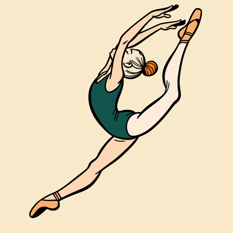gymnast doing a leap in a leotard with a bent back leg