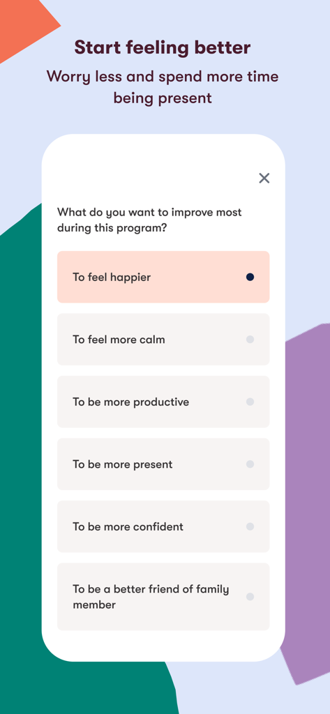 Daylight - Worry Less - Daylight app onboarding screen asking what the user wants to improve most