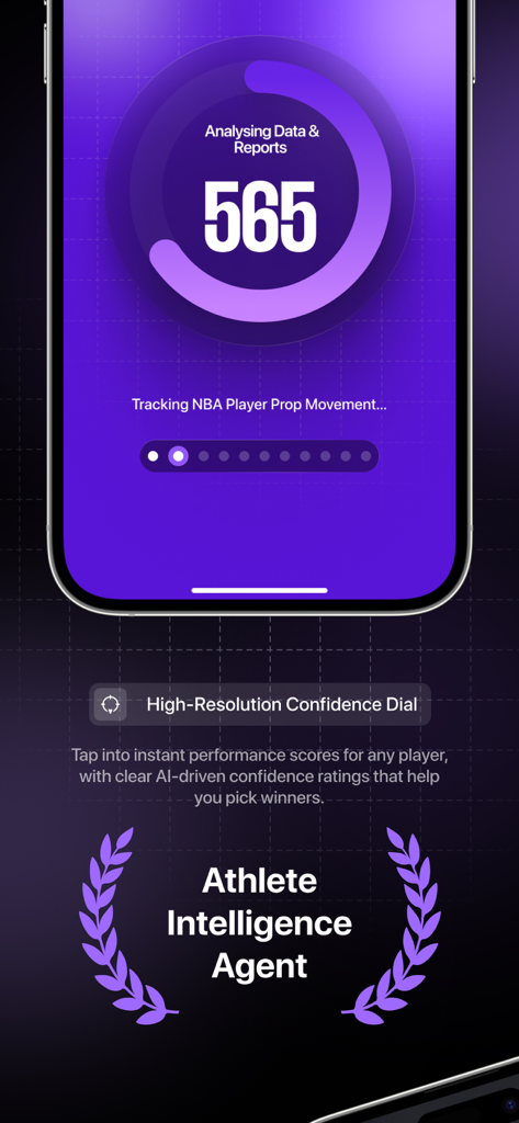Stat AI - Sports Analysis - Screenshot of the Stat AI app showing a high resolution confidence dial for NBA player prop movement analysis