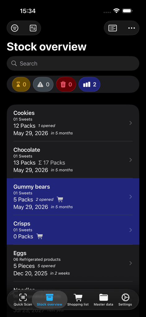 Grocy Mobile - Stock overview screen of the Grocy Mobile app listing pantry items like chocolate and eggs with their quantities and expiration dates.
