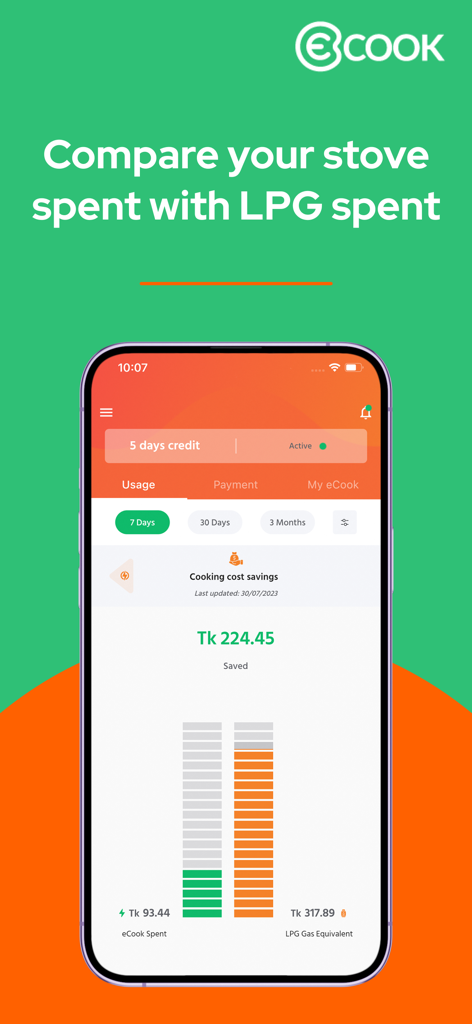The eCook app interface comparing electric stove usage costs with LPG gas equivalents to demonstrate savings.