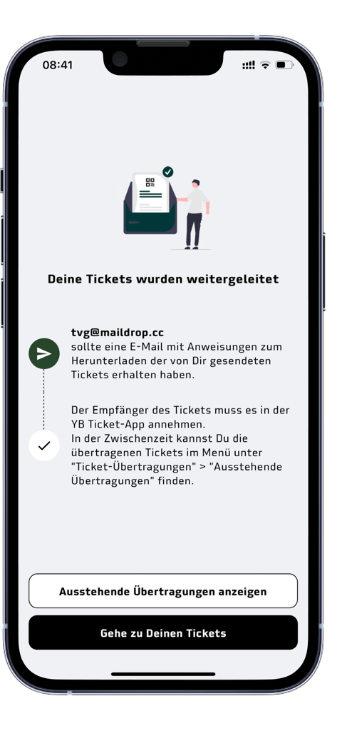 BSC YB Ticket-App - A smartphone screen showing a confirmation that tickets have been successfully forwarded to another user in the BSC YB Ticket-App.