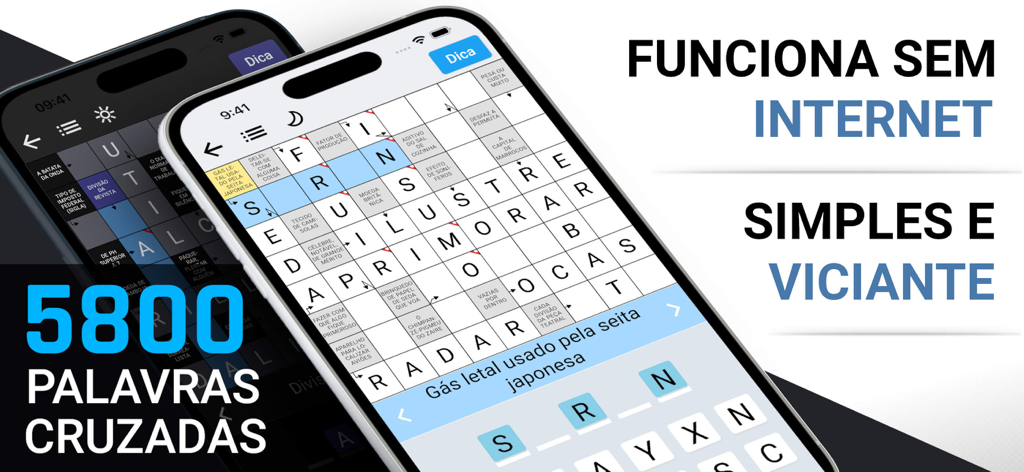 Palavras Cruzadas (Diretas) - Screenshot of the Palavras Cruzadas Diretas app showing crossword puzzles in light and dark modes with five thousand eight hundred levels