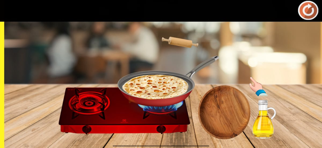 School Breakfast:Cooking games - A cooking game scene showing a pancake being fried on a red stove with a bottle of oil and a wooden plate.