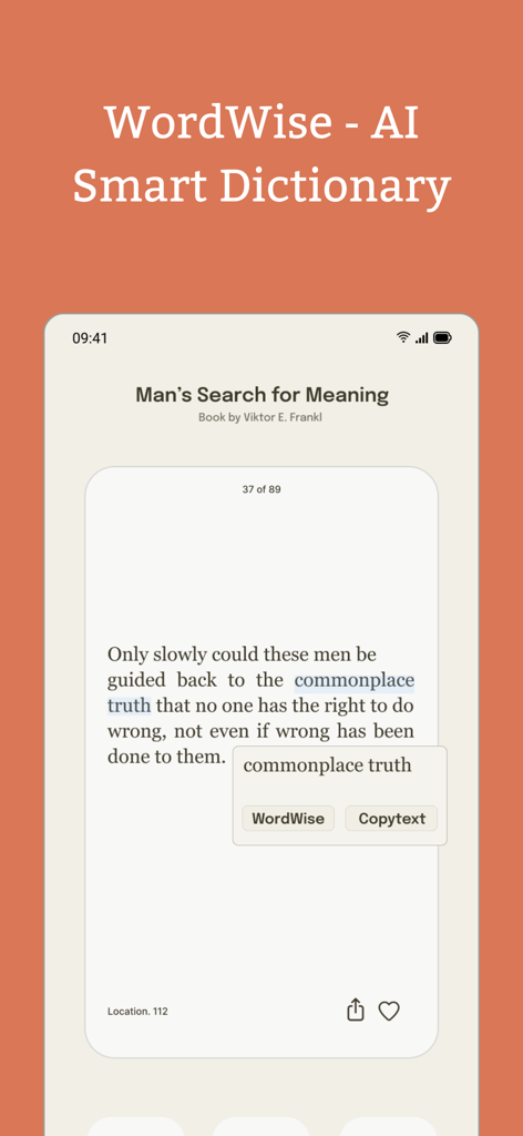 2Read: AI Kindle Reading Buddy - Interfaz de la aplicación 2Read que muestra la función de diccionario inteligente WordWise de IA para definir texto resaltado del libro