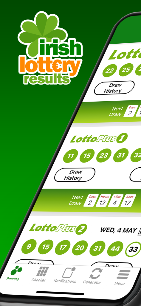 Pantalla principal de la aplicación Irish Lottery Results mostrando los números ganadores de varios juegos de lotería irlandesa