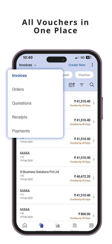 Busy: GST Billing & Accounting - Smartphone screen of the Busy accounting app displaying a list of overdue invoices and a voucher selection menu for orders and payments