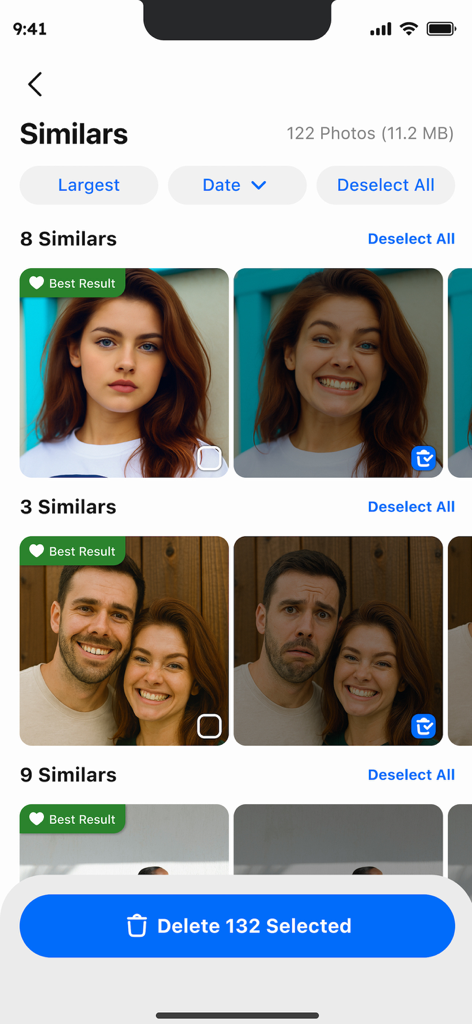Duplicate Photos Cleaner AI - Pantalla de la aplicación que muestra fotos similares agrupadas por IA con un botón de eliminar de un solo toque