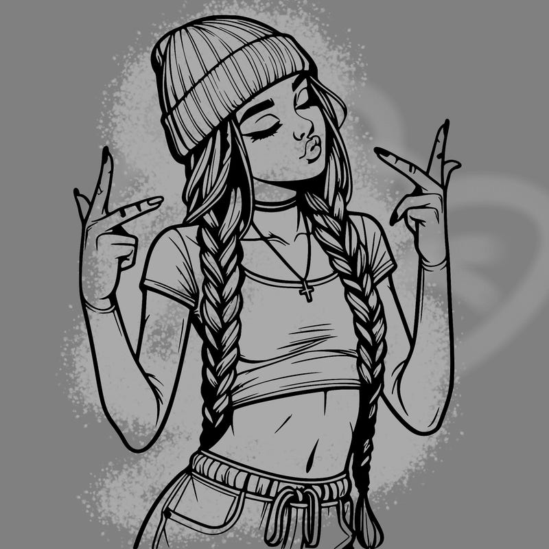 realistic teenage girl with braids and a beanie and crop top doing 🫶🏼