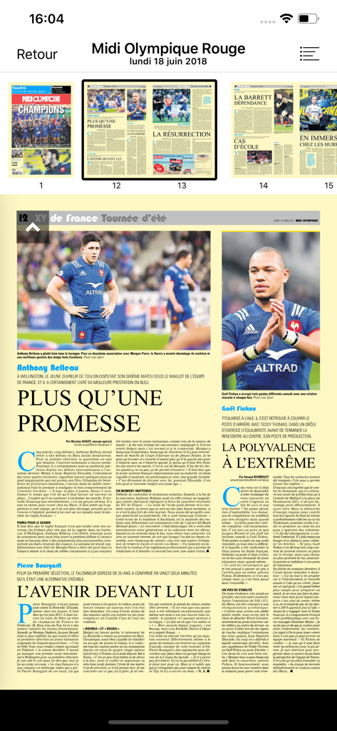 Digital newspaper page in the Midol Le Journal app showing rugby news articles