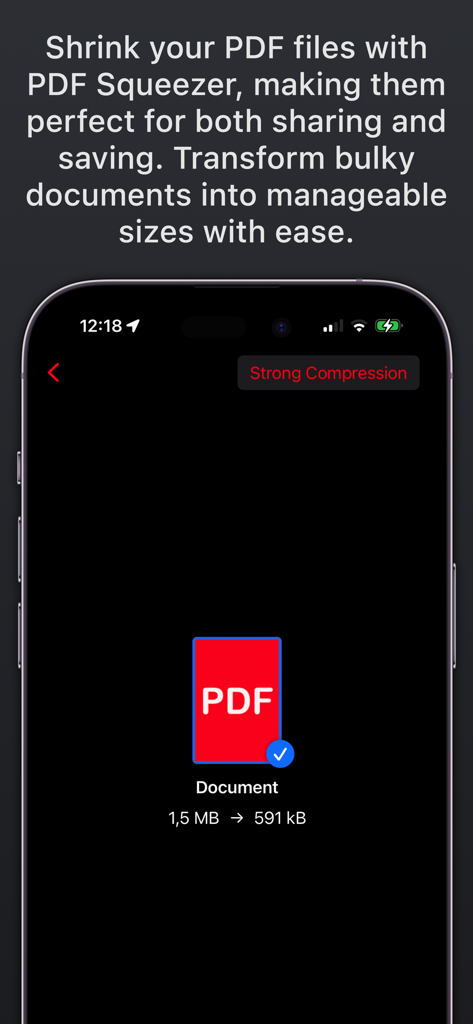 Screenshot eines iPhones der PDF Squeezer App, der zeigt, wie die Dateigröße eines Dokuments von 1,5 MB mit starker Komprimierung auf 591 KB reduziert wurde.