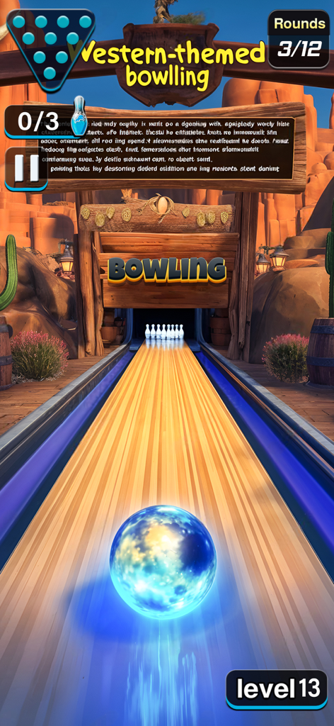 Pin Bowling Ball: Bowling Game - Uma bola de boliche brilhante em uma pista de madeira em um beco temático do velho oeste em 3D.