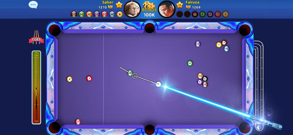 8 Ball Blitz - Billiards Games - A competitive 1v1 online pool match in 8 Ball Blitz featuring a 3D purple table and a glowing blue cue