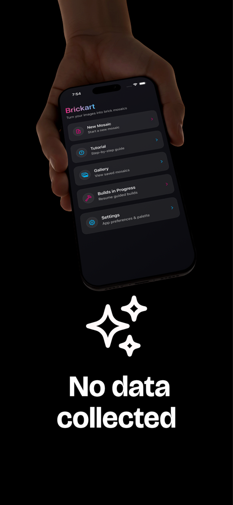 Brickart - Uma mão segurando um smartphone exibindo o menu principal do aplicativo Brickart e o texto Nenhum dado coletado.
