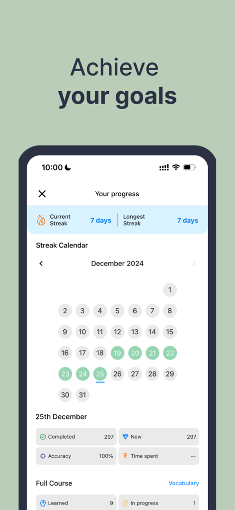 A screenshot of the Medical English Doxa app showing a streak calendar and learning progress statistics for a medical professional.
