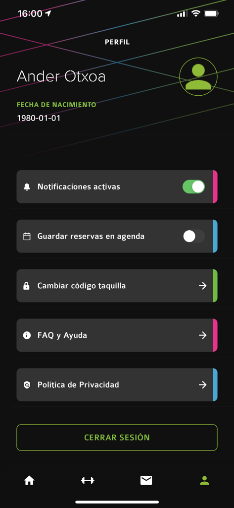 Dreamfit-App-Benutzerprofilbildschirm mit Kontoeinstellungen und Optionen zur Schließfachverwaltung