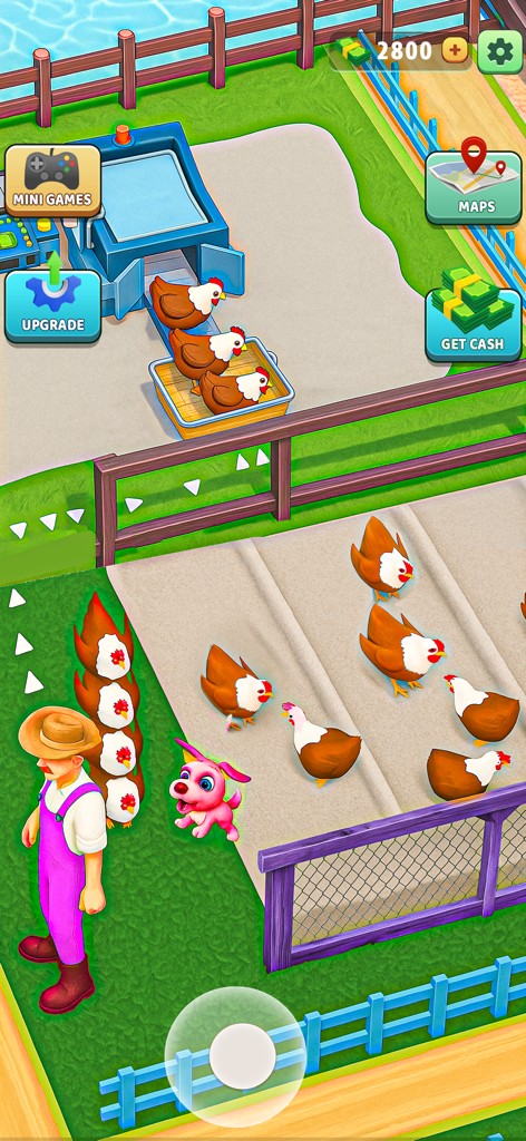 Farm Valley Farming Simulator - A farmer character managing a chicken pen and collecting eggs in the Farm Valley mobile game.