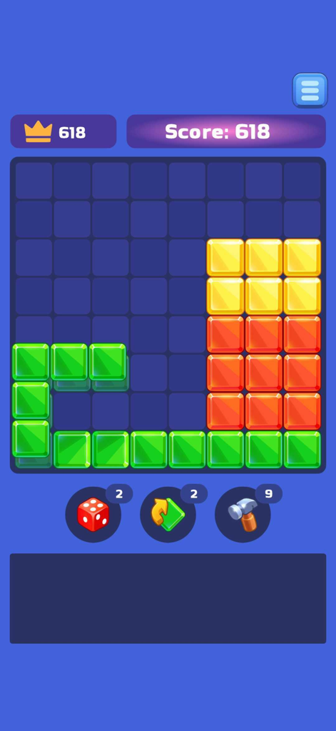 Gameplay screenshot of Block Blitz Gems Puzzle showing a grid of colorful blocks with score and booster icons.