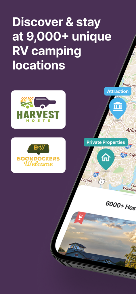 Harvest Hosts - RV Camping - Interface do aplicativo Harvest Hosts mostrando um mapa de locais exclusivos de acampamento de RV e logotipos do Harvest Hosts e Boondockers Welcome.