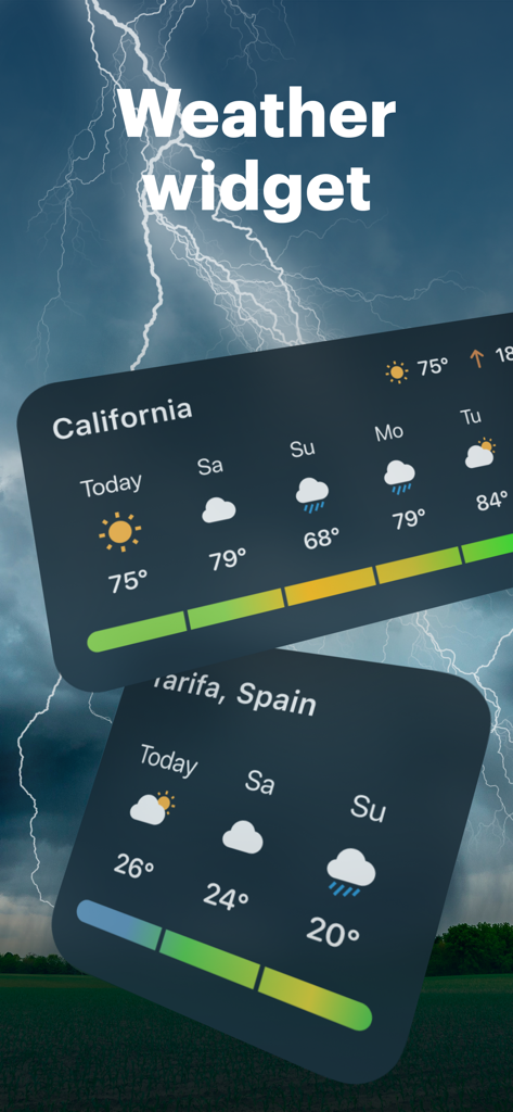 iOS weather widgets for Windy app displaying multi-day forecasts for California and Tarifa Spain