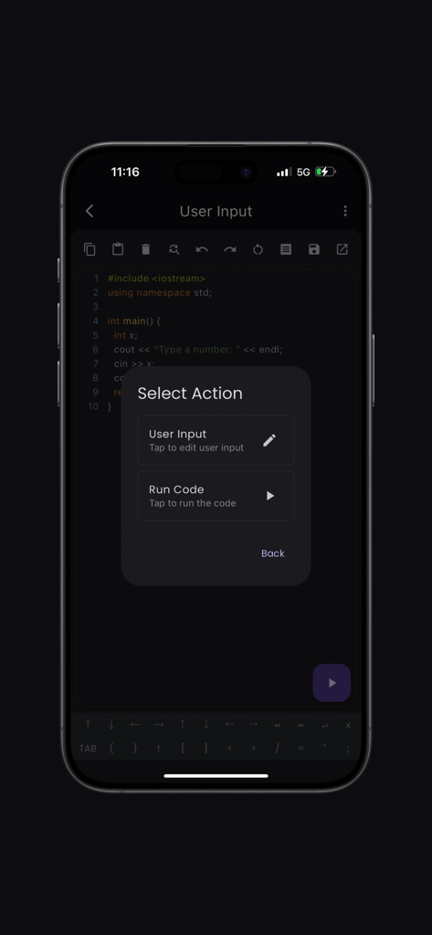 Mobile C++ Compiler interface displaying a Select Action popup with options to run code or edit user input on an iPhone.