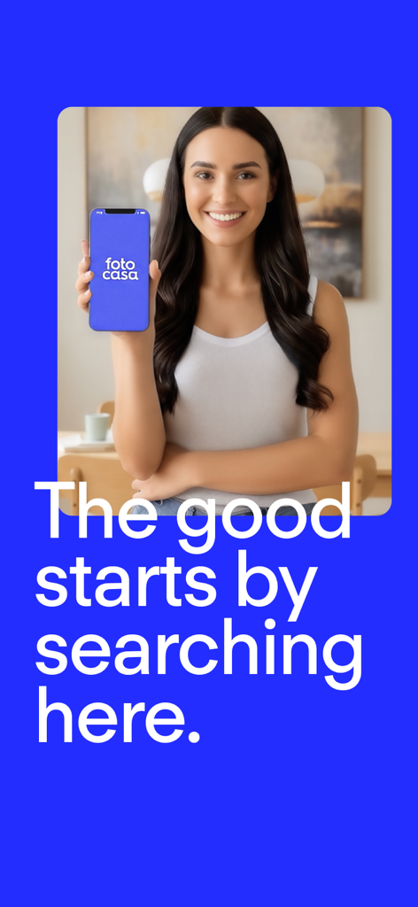 A woman holding a smartphone displaying the Fotocasa app logo