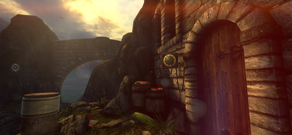 Un detallado entorno 3D de la entrada de un castillo de piedra con una puerta de madera y un puente al atardecer.