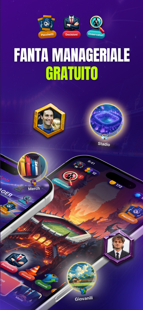 FantaLab Manager - Fantacalcio - Interface of the FantaLab Manager app highlighting fantasy soccer management features like scouting and stadium upgrades