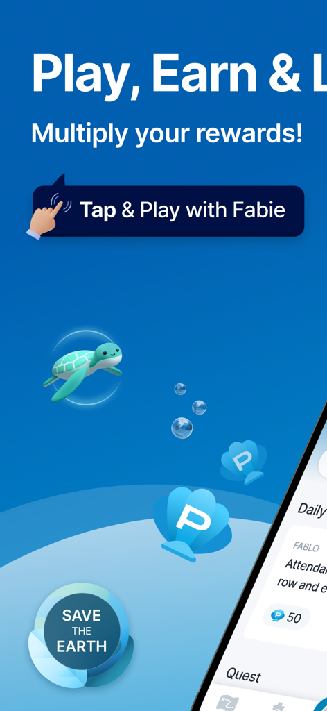 Promotional screen for FABLO app featuring a sea turtle reward points and a Save the Earth badge.