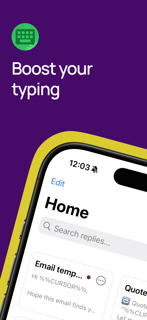 Pantalla de inicio de la aplicación Expansor de Texto mostrando plantillas de correo electrónico con variables mágicas para escribir más rápido.