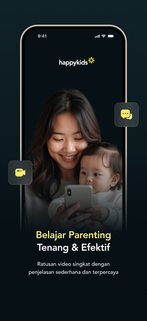 A mother and baby smiling on the HappyKids Parenting app home screen with video and chat icons.