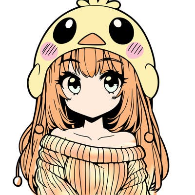 anime girl with chick shaped hat with sweater with bare shoulders with bangs covering them one eye with low tail