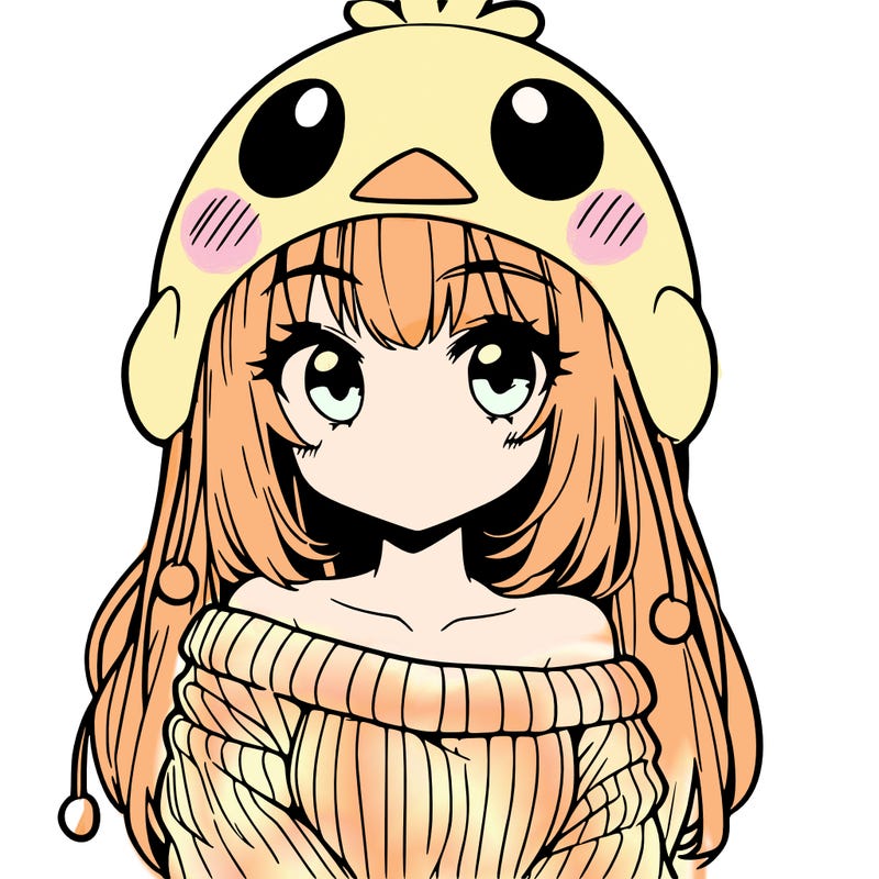 anime girl with chick shaped hat with sweater with bare shoulders with bangs covering them one eye with low tail