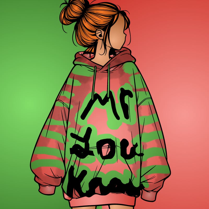realistic girl with a oversized sweatshirt on and a bun