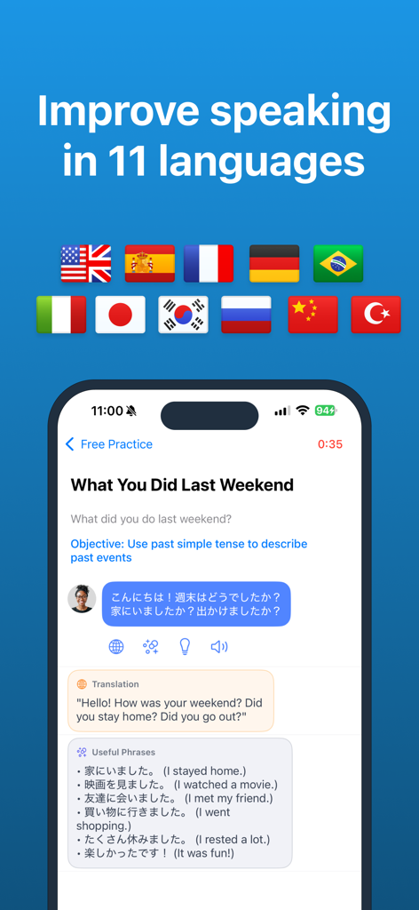 Flowo AI app interface showing a Japanese speaking exercise with translations and useful phrases.