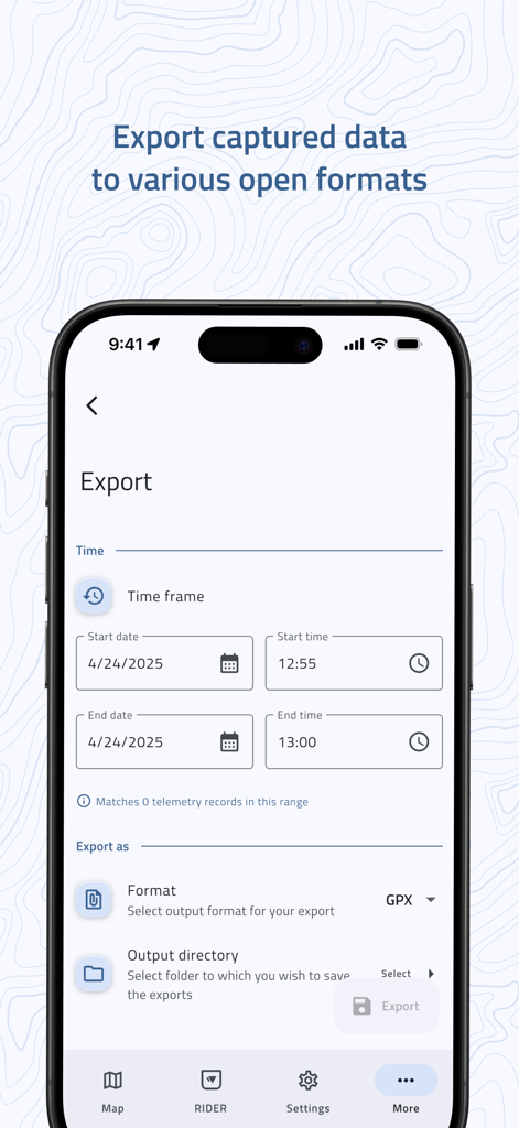 Drone Scanner (gen.2) - Export screen of the Drone Scanner app showing options for time frame, file format, and output directory for flight data