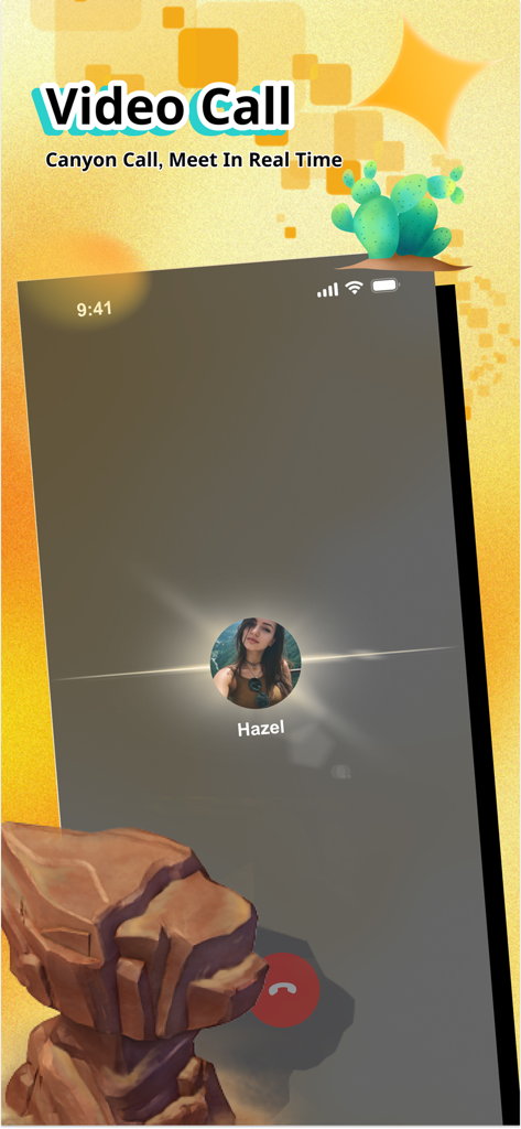 Rift - Live Video Chat & Meet - Pantalla de videollamada en tiempo real en la aplicación Rift con el perfil de un usuario y gráficos temáticos del cañón