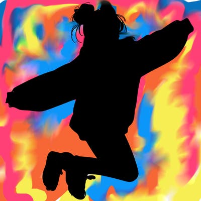 realistic girl jumping with a bun and oversized sweatshirt
