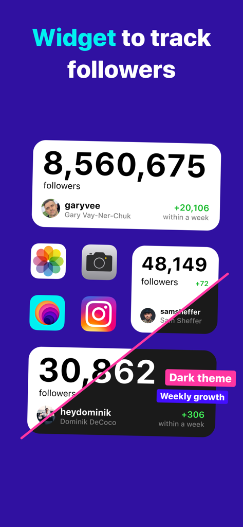 iOS home screen widgets displaying Instagram follower counts and weekly growth stats in light and dark themes.